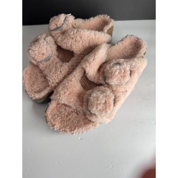 Birkenstock Arizona Teddy Shearling Platform Sandals Pink Big Buckle 42 US 11 - Picture 2 of 7